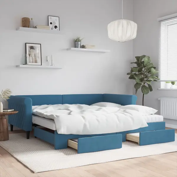 Gossi pat de zi cu extensie si sertare, albastru, 100x200 cm, catifea