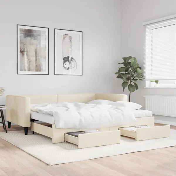Gossi pat de zi cu extensie si sertare, crem, 100x200 cm, textil