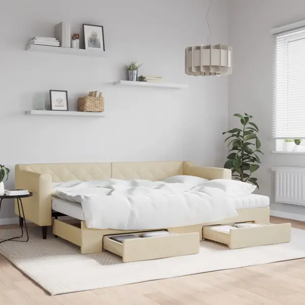 Gossi pat de zi cu extensie si sertare, crem, 80x200 cm, textil