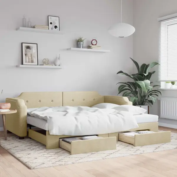 Gossi pat de zi cu extensie si sertare, crem, 90x200 cm, textil