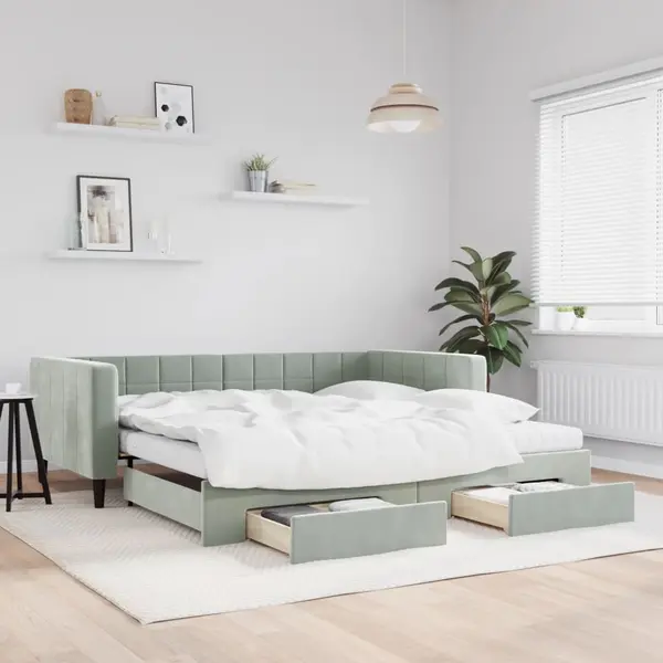 Gossi pat de zi cu extensie si sertare gri deschis 100x200 cm catifea