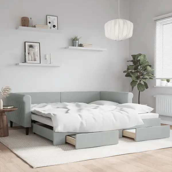 Gossi pat de zi cu extensie si sertare gri deschis 100x200 cm catifea