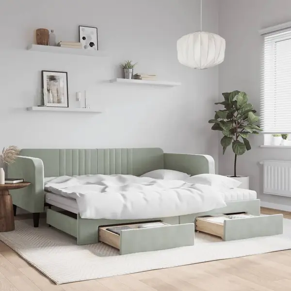 Gossi pat de zi cu extensie si sertare gri deschis 100x200 cm catifea