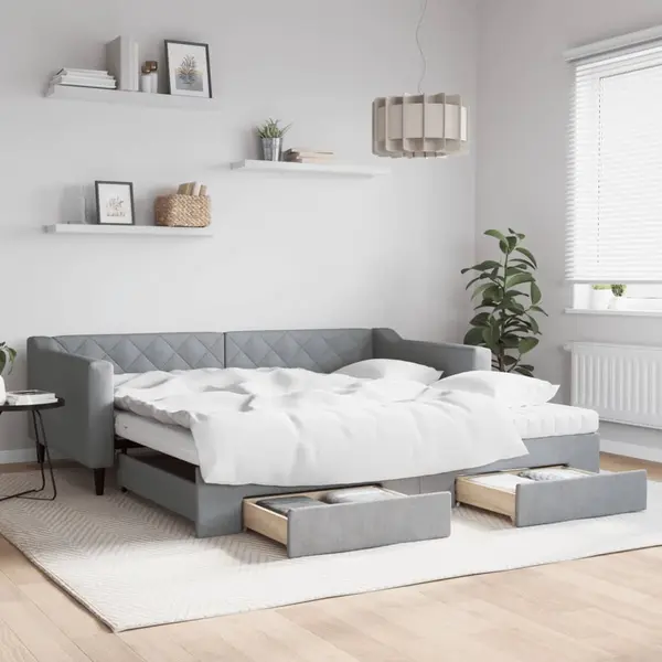 Gossi pat de zi cu extensie si sertare, gri deschis 100x200 cm textil