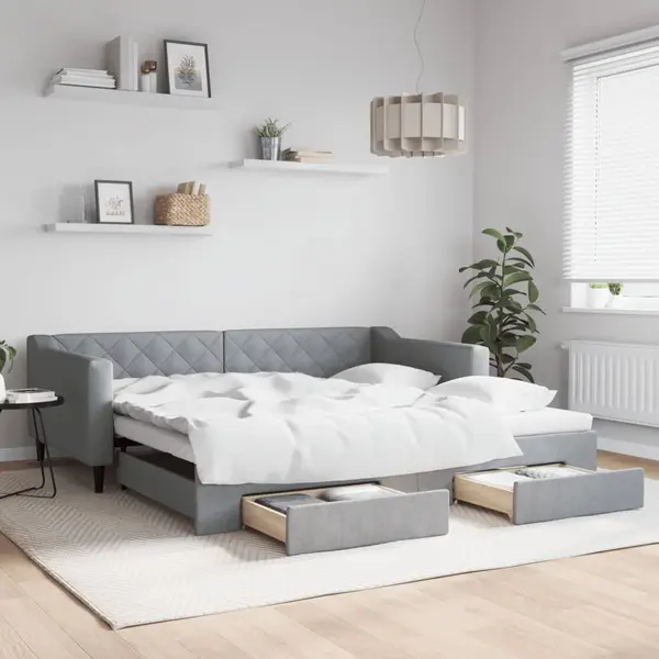 Gossi pat de zi cu extensie si sertare, gri deschis 100x200 cm textil