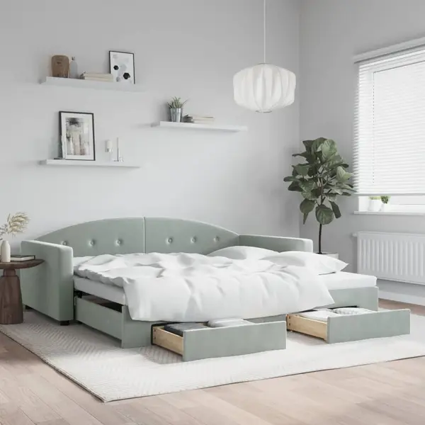 Gossi pat de zi cu extensie si sertare gri deschis 100x200 cm catifea