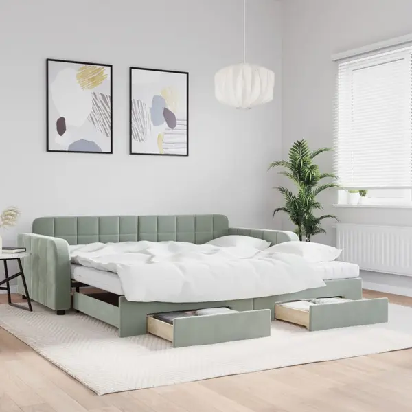 Gossi pat de zi cu extensie si sertare gri deschis 100x200 cm catifea