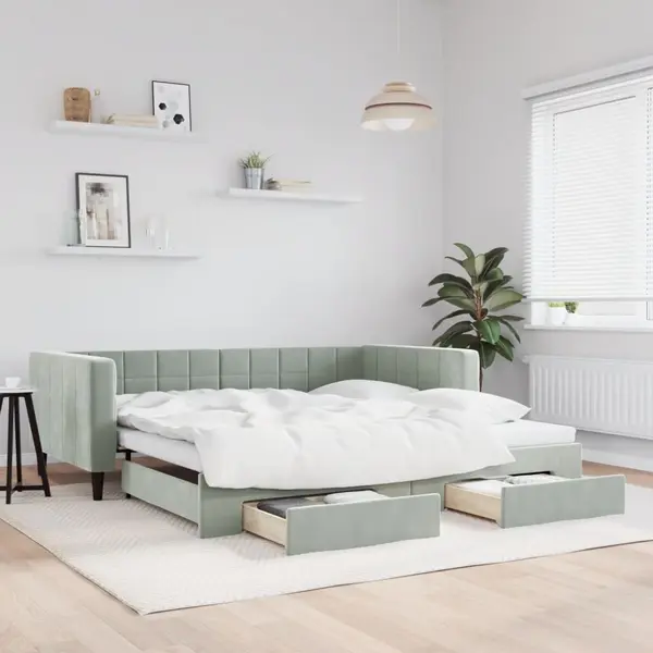 Gossi pat de zi cu extensie si sertare gri deschis 100x200 cm catifea