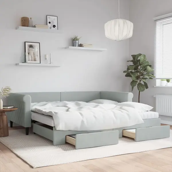 Gossi pat de zi cu extensie si sertare gri deschis 100x200 cm catifea