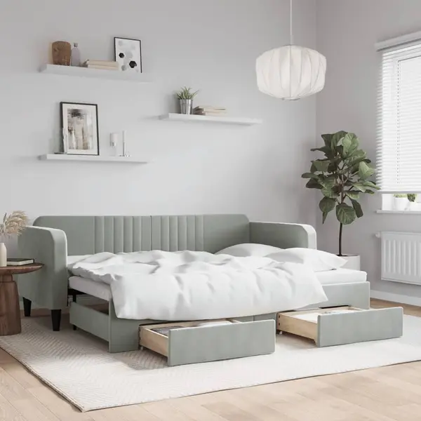Gossi pat de zi cu extensie si sertare, gri deschis 80x200 cm catifea