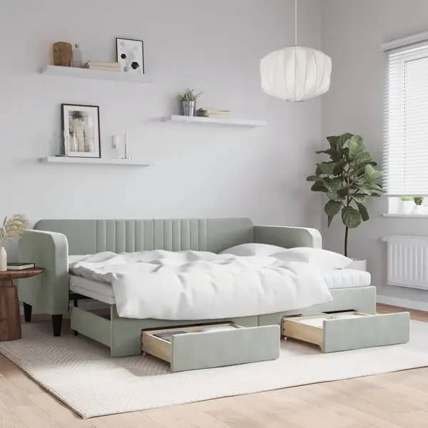 Gossi pat de zi cu extensie si sertare, gri deschis 80x200 cm catifea