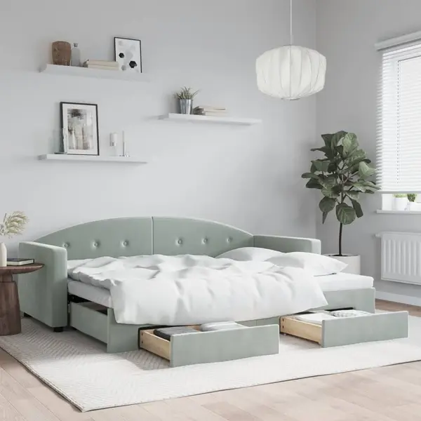 Gossi pat de zi cu extensie si sertare, gri deschis 80x200 cm catifea
