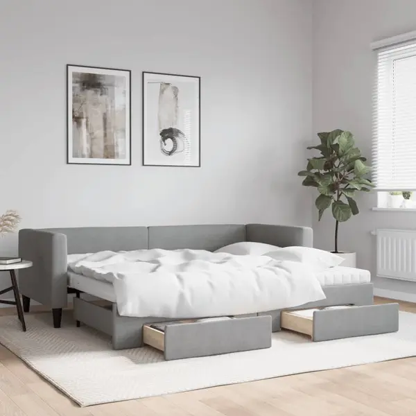 Gossi pat de zi cu extensie si sertare, gri deschis, 80x200 cm textil