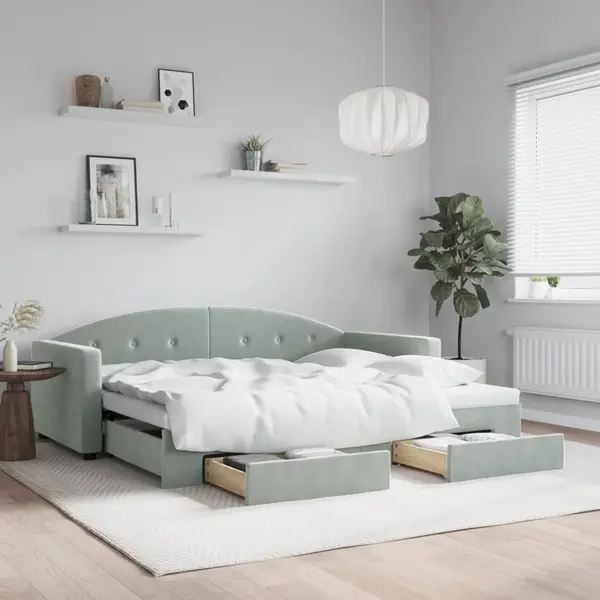 Gossi pat de zi cu extensie si sertare, gri deschis 90x190 cm catifea