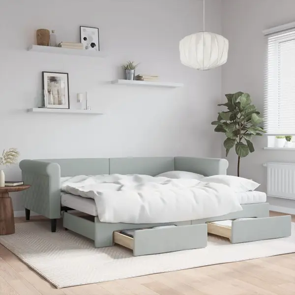 Gossi pat de zi cu extensie si sertare, gri deschis 90x190 cm catifea