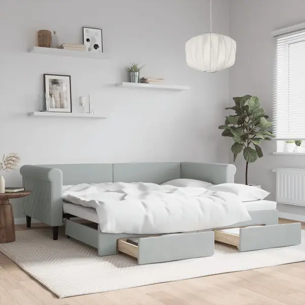 Gossi pat de zi cu extensie si sertare, gri deschis 90x190 cm catifea