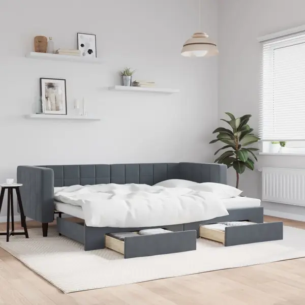 Gossi pat de zi cu extensie si sertare gri inchis 80x200 cm catifea