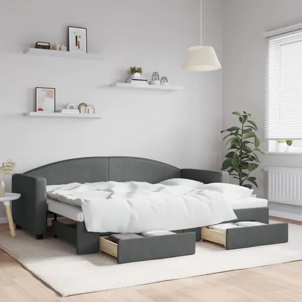 Gossi pat de zi cu extensie si sertare, gri inchis, 80x200 cm textil