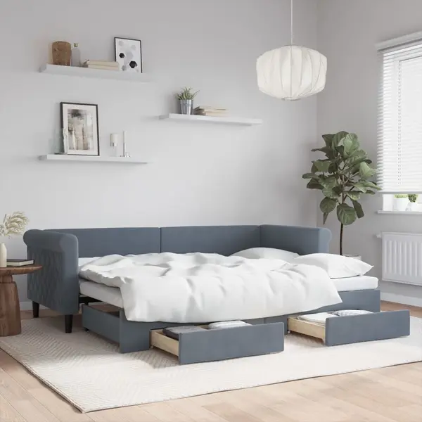 Gossi pat de zi cu extensie si sertare gri inchis 80x200 cm catifea