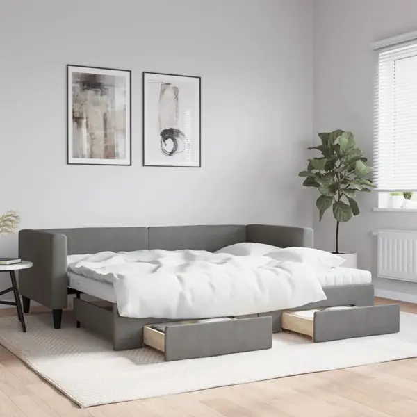 Gossi pat de zi cu extensie si sertare, gri inchis, 80x200 cm textil