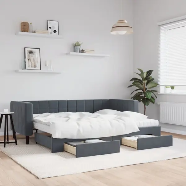 Gossi pat de zi cu extensie si sertare gri inchis 80x200 cm catifea