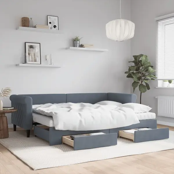 Gossi pat de zi cu extensie si sertare gri inchis 80x200 cm catifea