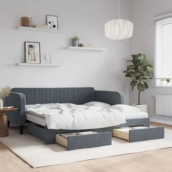 Gossi pat de zi cu extensie si sertare, gri inchis, 90x190cm catifea