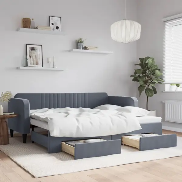 Gossi pat de zi cu extensie si sertare gri inchis 90x200 cm catifea
