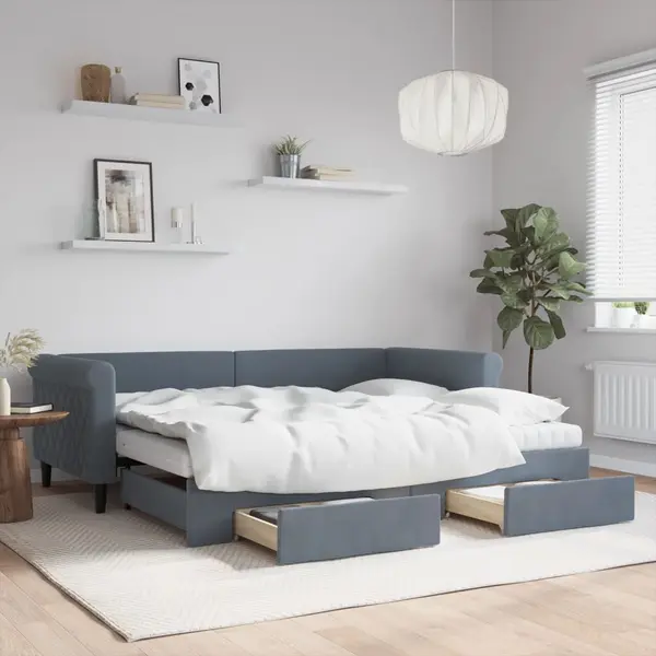 Gossi pat de zi cu extensie si sertare gri inchis 90x200 cm catifea