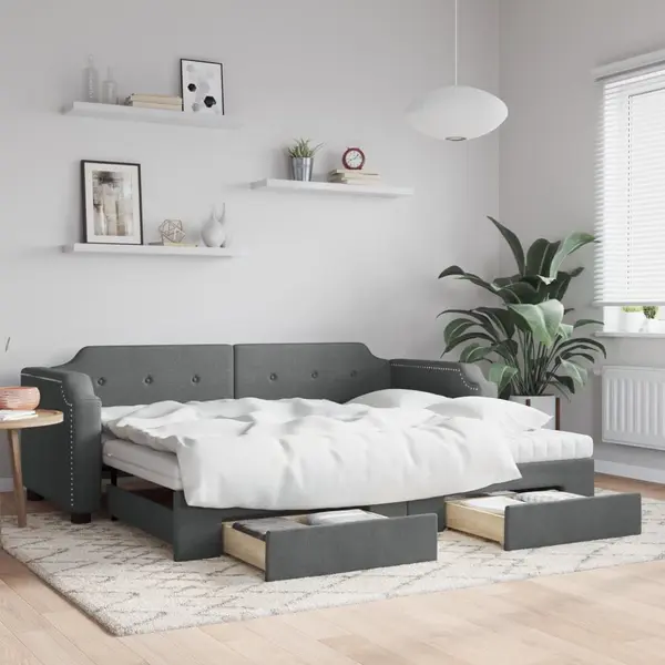Gossi pat de zi cu extensie si sertare, gri inchis, 90x200 cm textil