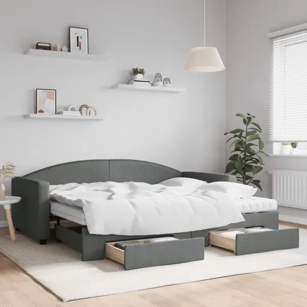Gossi pat de zi cu extensie si sertare, gri inchis, 90x200 cm textil