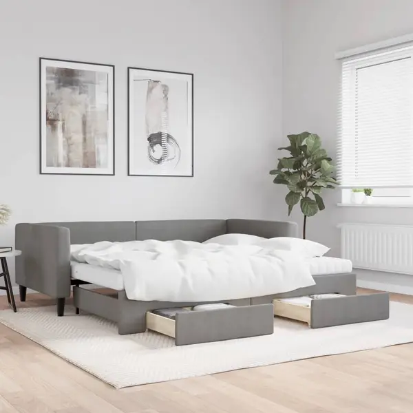 Gossi pat de zi cu extensie si sertare, gri inchis, 90x200 cm textil