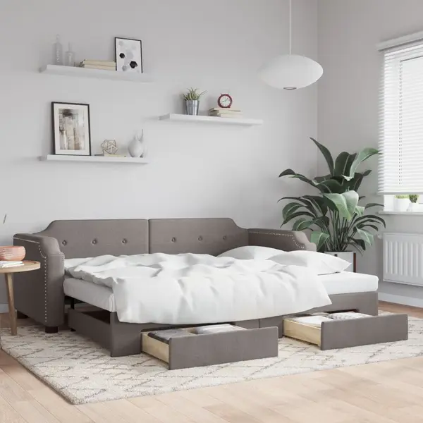 Gossi pat de zi cu extensie si sertare, gri taupe, 100x200 cm, textil