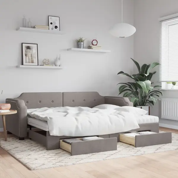 Gossi pat de zi cu extensie si sertare, gri taupe, 100x200 cm, textil