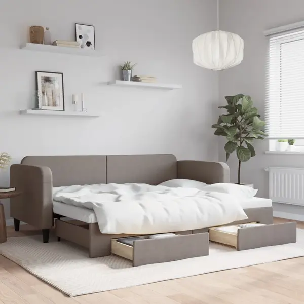 Gossi pat de zi cu extensie si sertare, gri taupe, 80x200 cm, textil