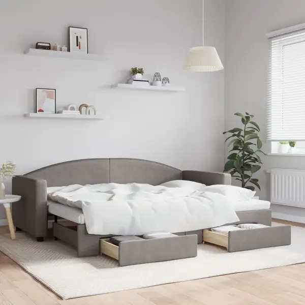 Gossi pat de zi cu extensie si sertare, gri taupe, 80x200 cm, textil