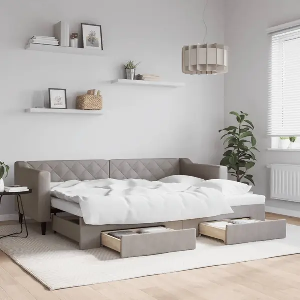 Gossi pat de zi cu extensie si sertare, gri taupe, 80x200 cm, textil