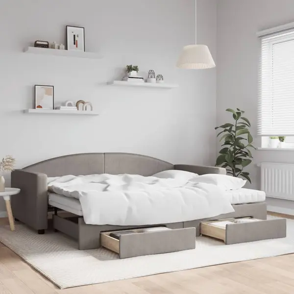 Gossi pat de zi cu extensie si sertare, gri taupe, 90x200 cm, textil