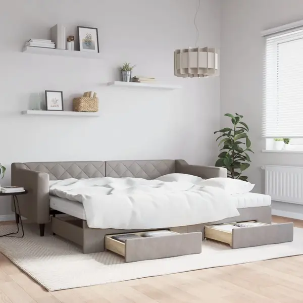 Gossi pat de zi cu extensie si sertare, gri taupe, 90x200 cm, textil