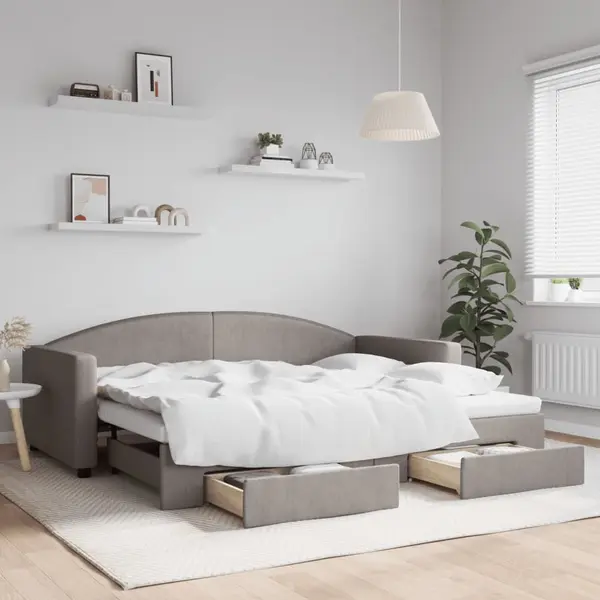 Gossi pat de zi cu extensie si sertare, gri taupe, 90x200 cm, textil
