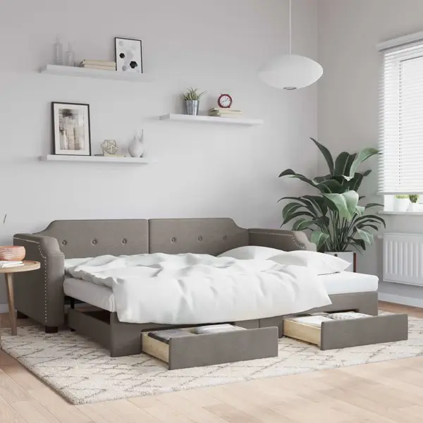 Gossi pat de zi cu extensie si sertare, gri taupe, 90x200 cm, textil