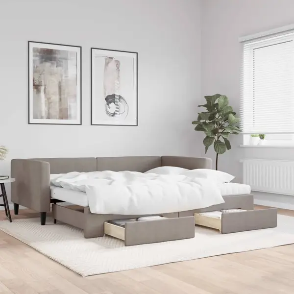 Gossi pat de zi cu extensie si sertare, gri taupe, 90x200 cm, textil
