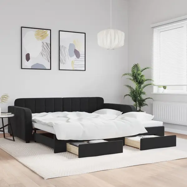 Gossi pat de zi cu extensie si sertare, negru, 100x200 cm, catifea