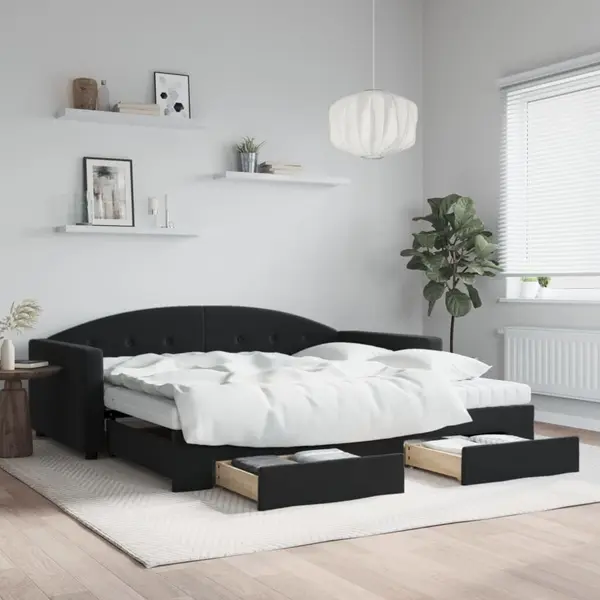 Gossi pat de zi cu extensie si sertare, negru, 100x200 cm, catifea