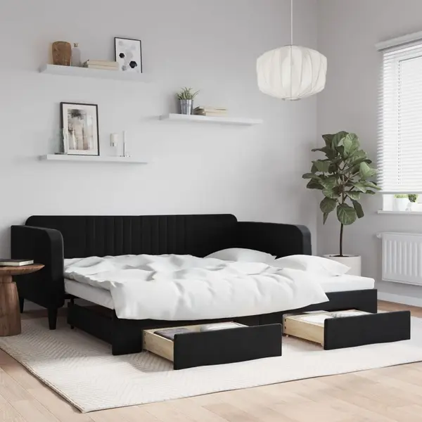 Gossi pat de zi cu extensie si sertare, negru, 100x200 cm, catifea