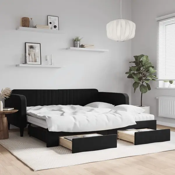 Gossi pat de zi cu extensie si sertare, negru, 100x200 cm, catifea