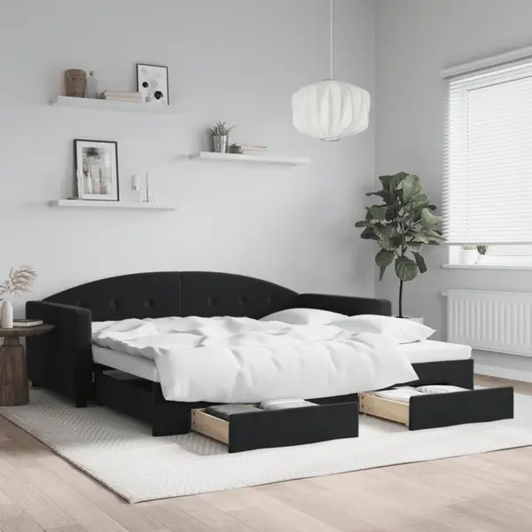 Gossi pat de zi cu extensie si sertare, negru, 100x200 cm, catifea