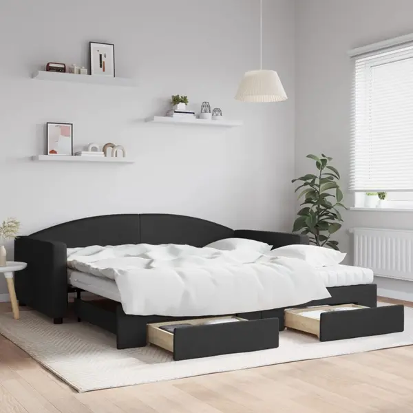 Gossi pat de zi cu extensie si sertare, negru, 100x200 cm, textil
