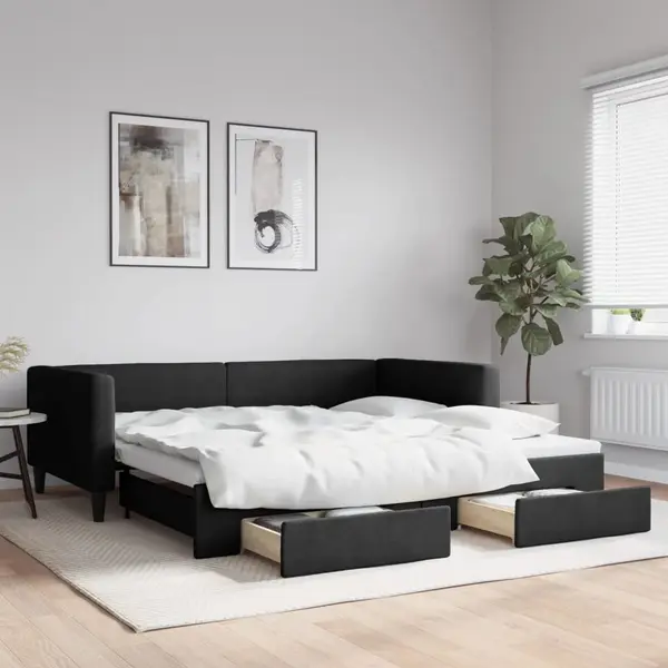 Gossi pat de zi cu extensie si sertare, negru, 100x200 cm, textil
