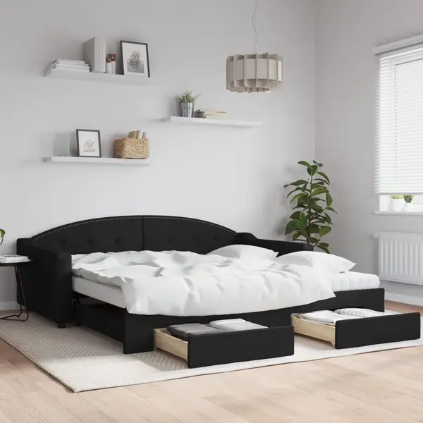Gossi pat de zi cu extensie si sertare, negru, 100x200 cm, textil